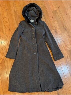 VTG Worthington Petite Wool Gray Trench Coat Real Rabbit Fur Hood 4P